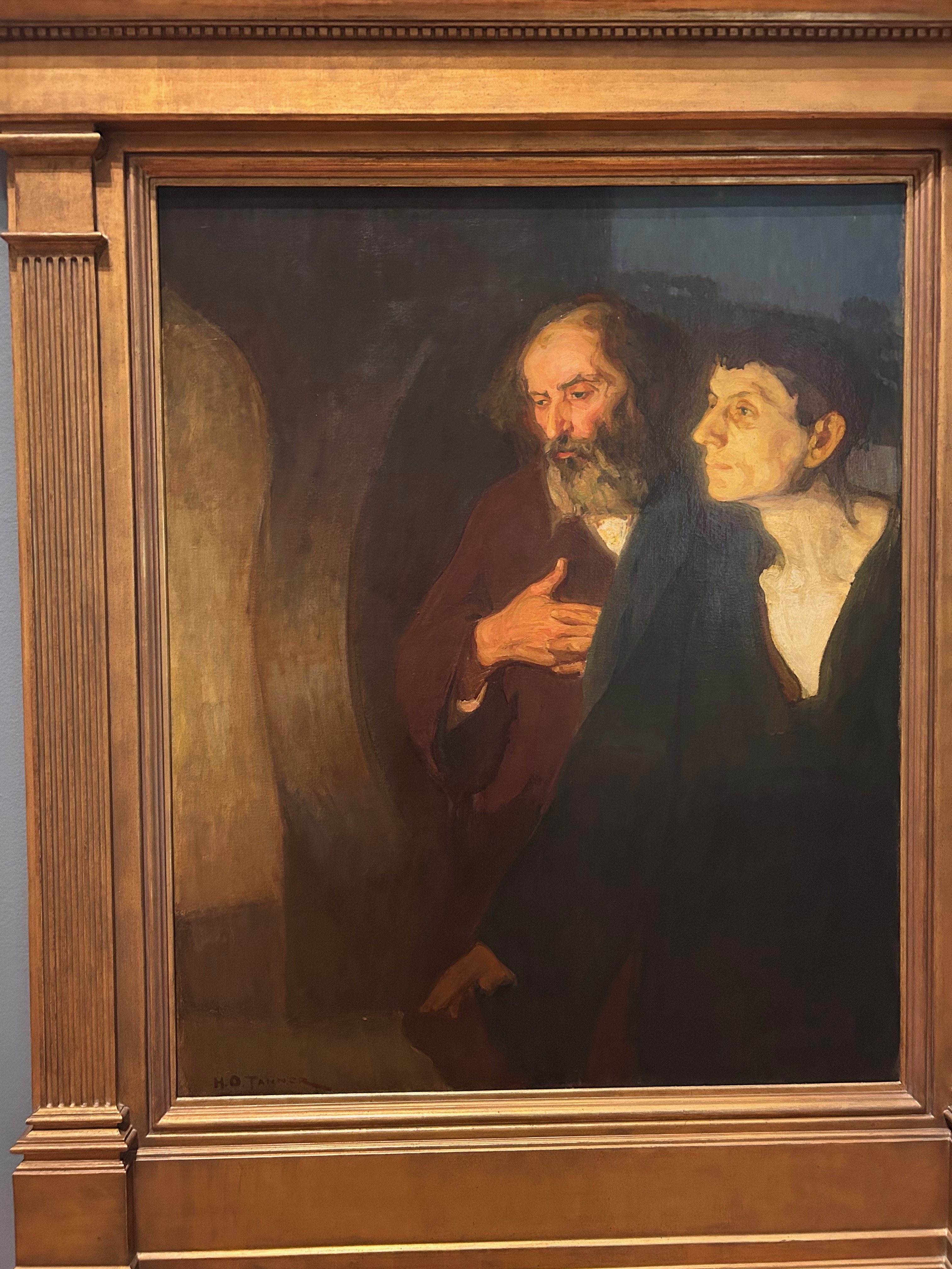 Peter and John stand in the empty tomb, painted in a classical, realistic style